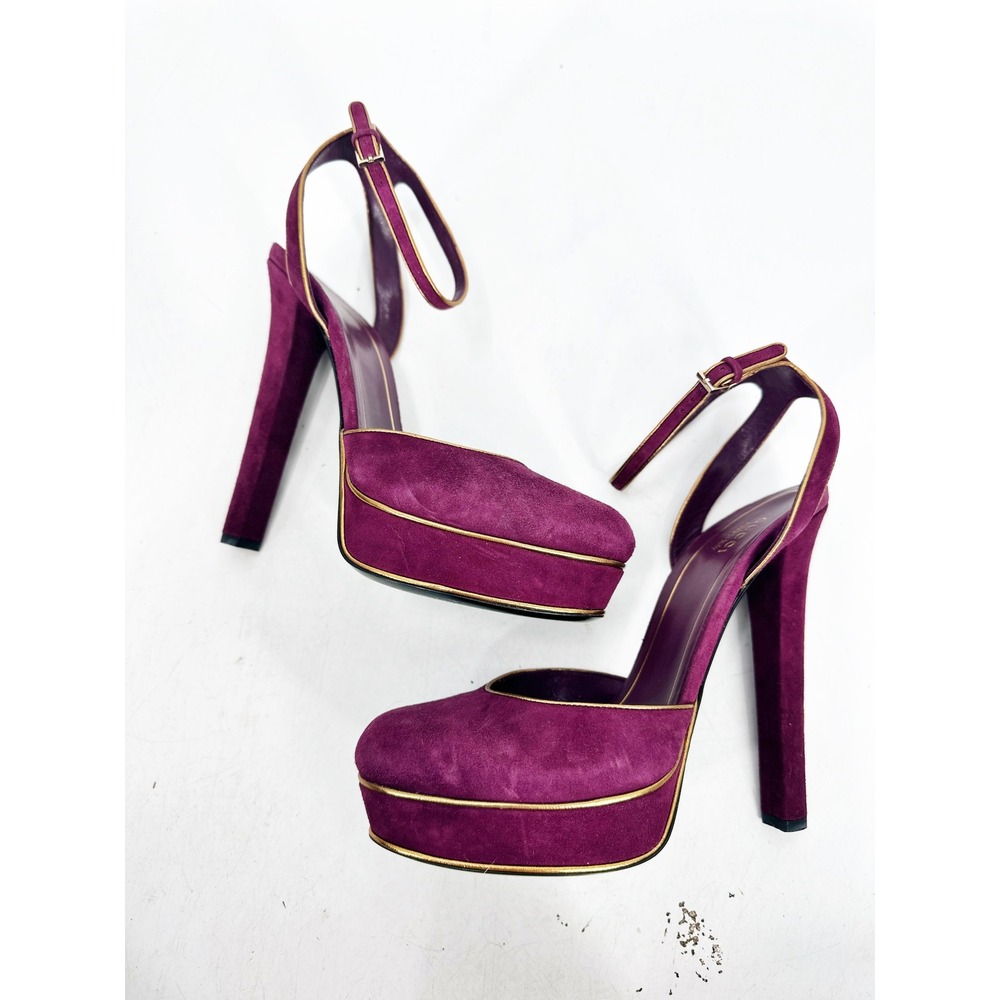 Gucci Platform Pumps Huston 39 Purple Suede Gold Trim Ankle Strap Heels - Picture 3 of 10